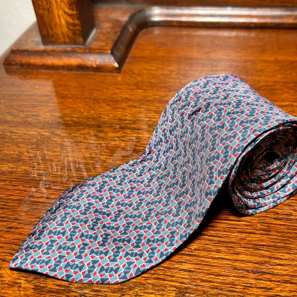 Christian Dior Blue and Red Geometric Pattern Men's Silk Tie